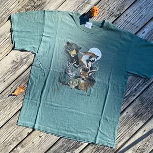 90s striped green Tiger Bear Deer animal tee sz XL